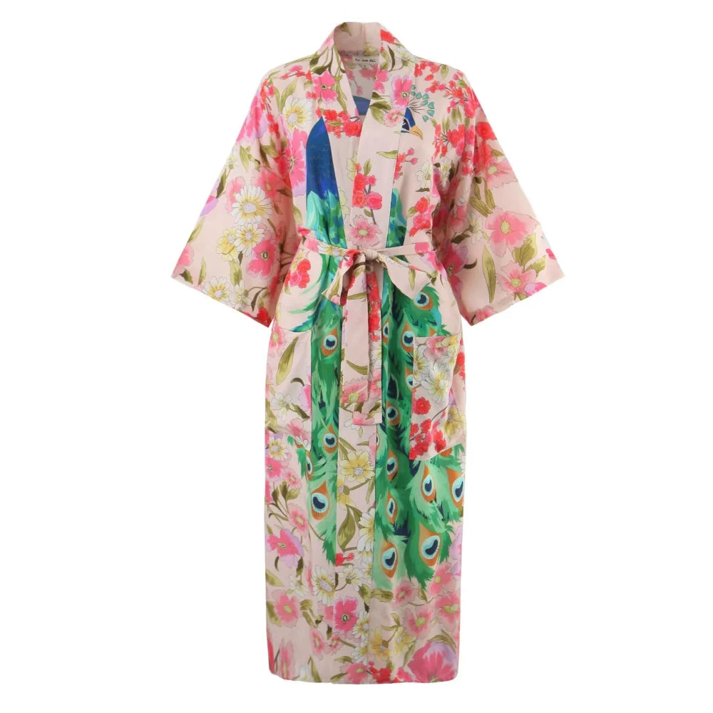 Happie Queens Women Peacock Floral Print Bat Sleeve Beach Bohemian Kimono Robe Ladies V Neck Summer Bikini Boho Cover-ups