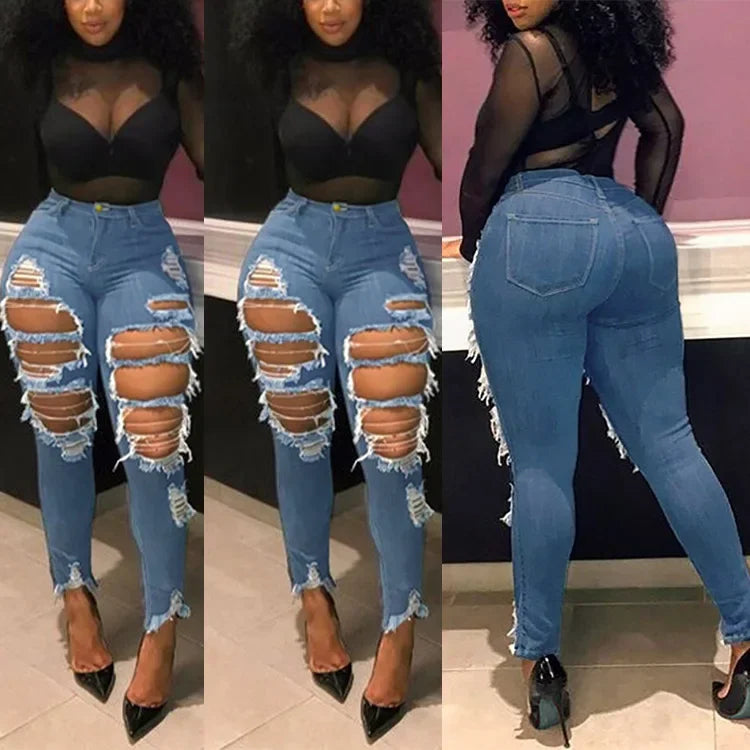 Hole Jeans Women Denim Pencil Pants Streetwear Washed Skinny Stretch High Waist Distressed Ripped Ankle Length Trousers 2025