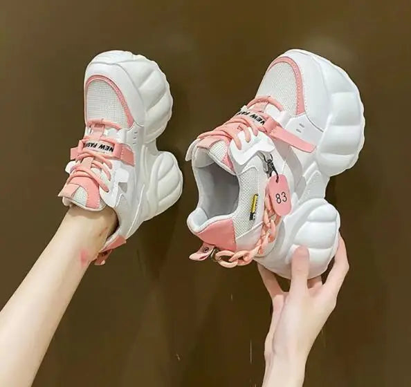NEW Breathable Mesh 10CM Chunky Sneakers for Women Non Slip High Platform Sports Dad Shoes Woman Lace Up Thick Sole Casual Shoes