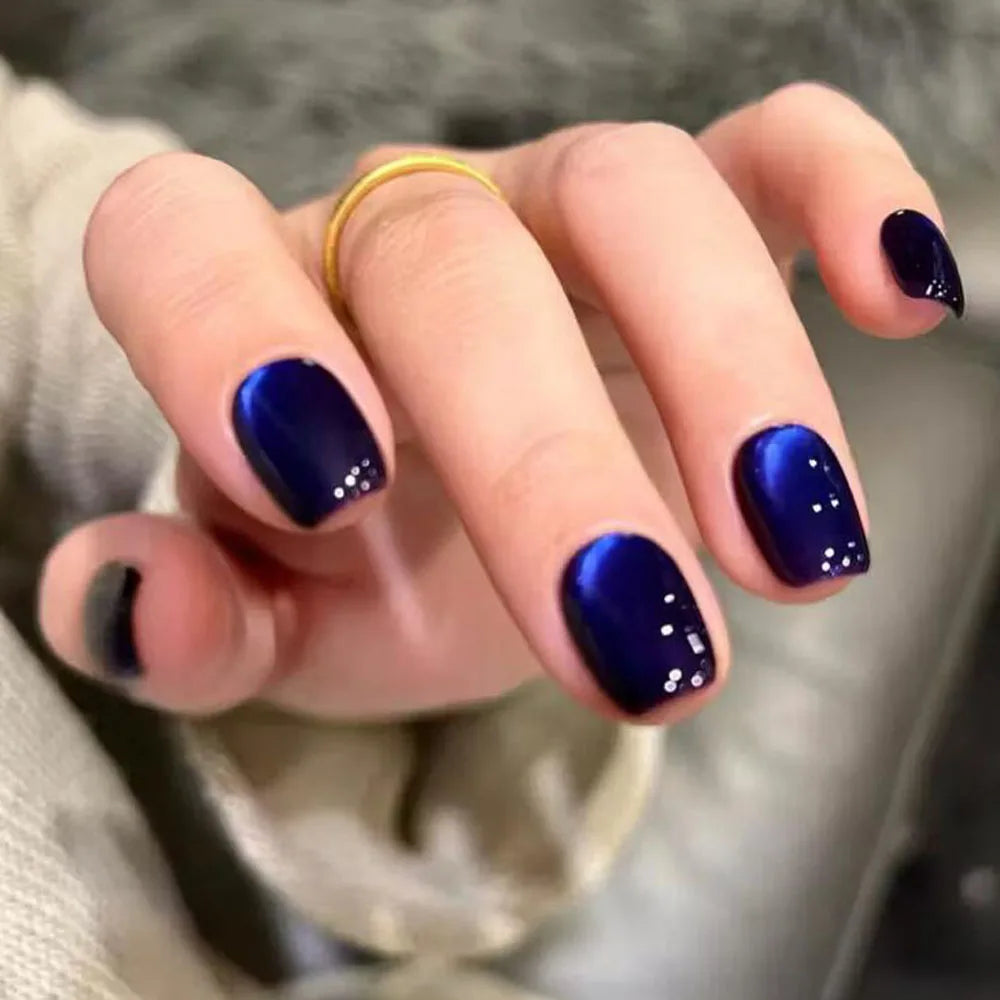 30Pcs Blue Cat eye Wearable Press on Nails Short Square Full Cover False Nails Artificial Ballet Reusable Fake Nails for Women
