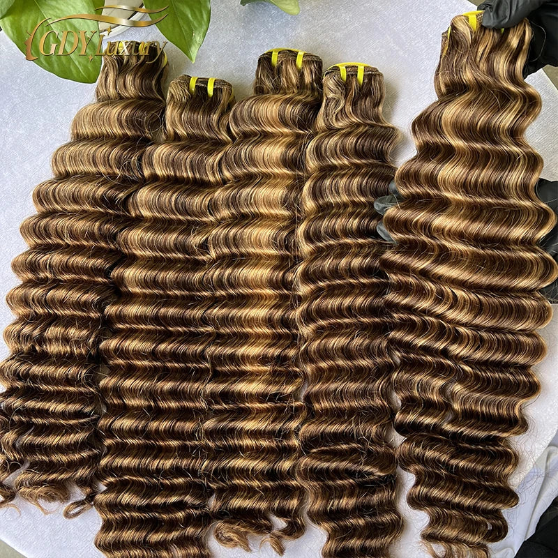 Raw P4/27 Highlight Deep Wave Bundles Ombre Brown Curly Human Hair Bundle Vietnamese Virgin hair 100% Human Hair Extensions