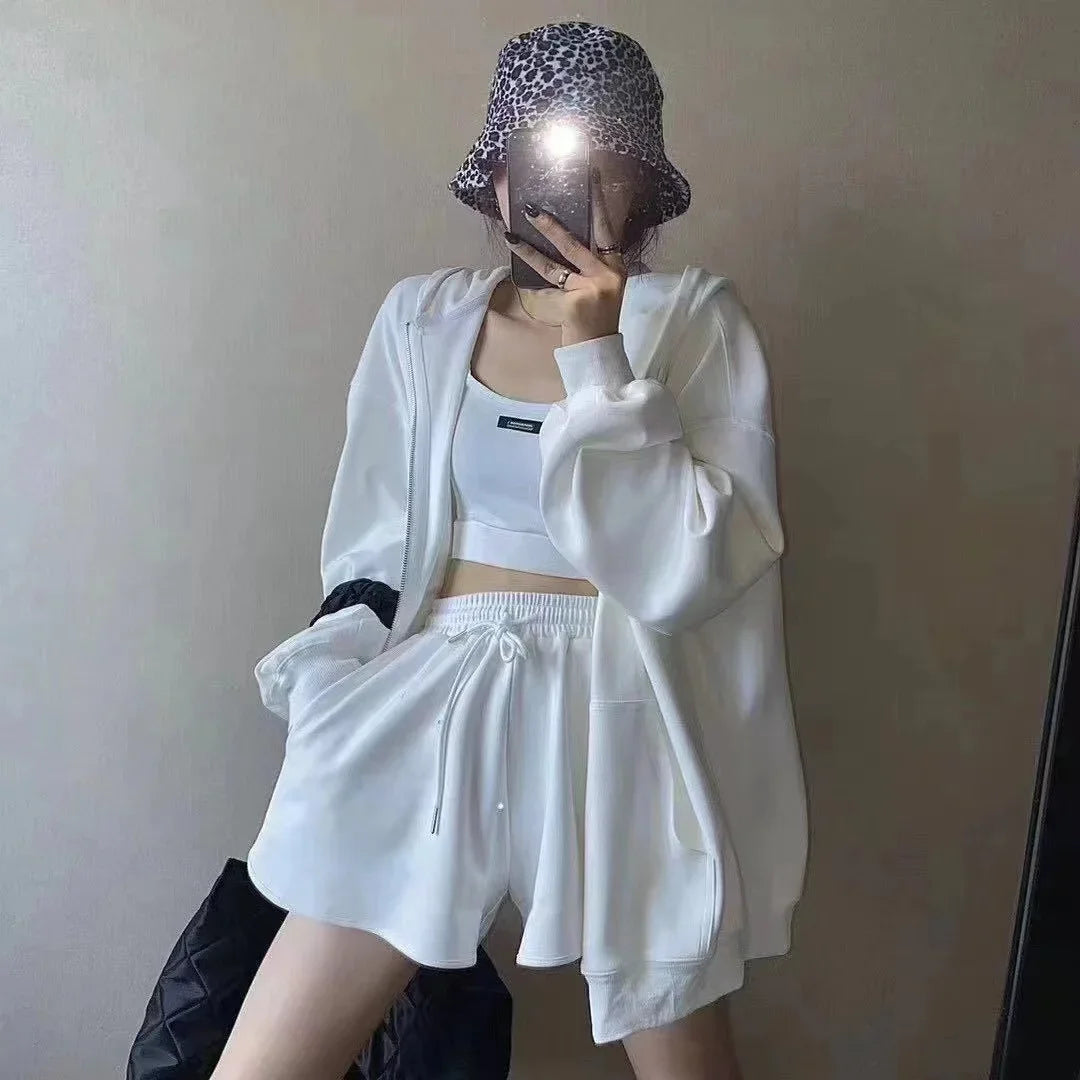 Shorts Three 3 Piece Sets Women Casual Vest Drawstring Short Hooded Zipper Jacket Sportswear Suits Y2k Streetwear Sports Hoodies