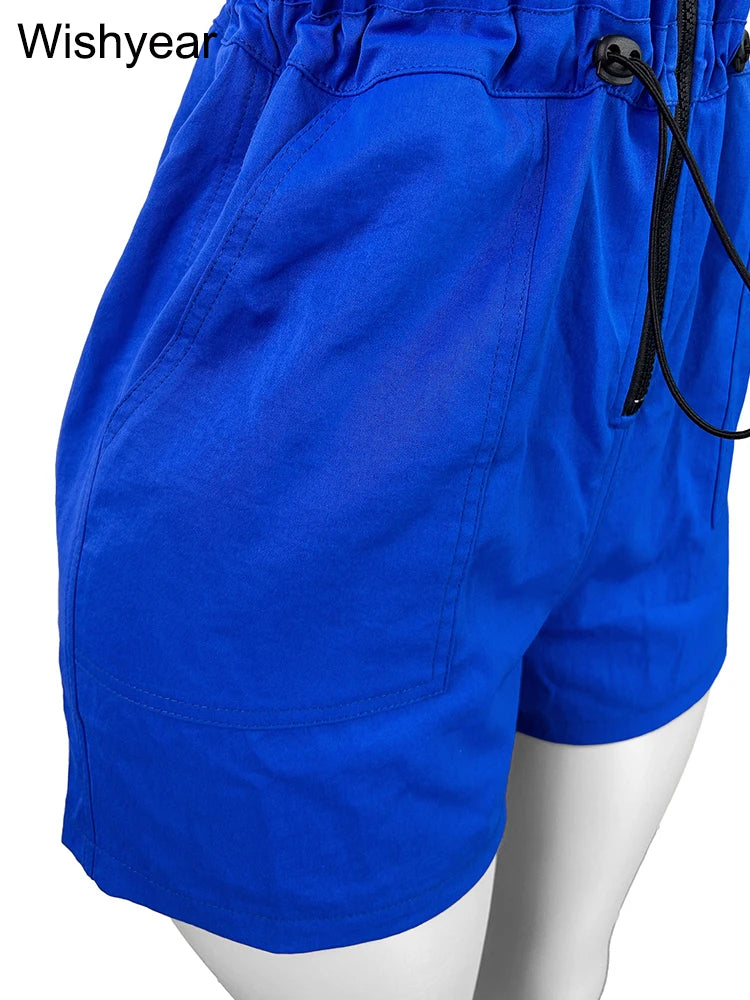 Casual Women's Short Jumpsuits Summer Sleeveless Zipper Front Drawstring Waist Playsuits Pocket One Pieces Romper Streetwear y2k