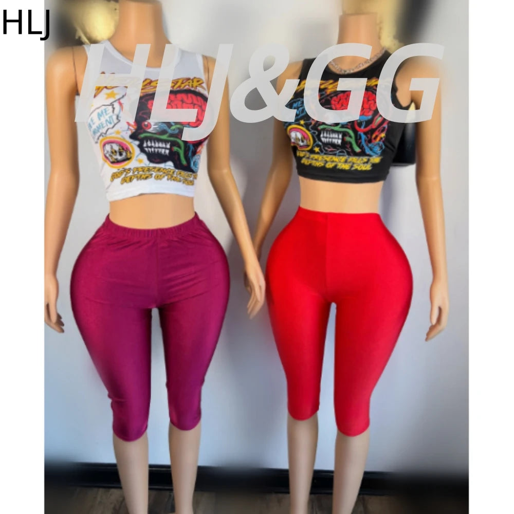 HLJ Fashion Y2K Pattern Print Two Piece Sets Women Round Neck Sleeveless Top+Skinny Shorts Outfits Trend Female 2pcs Streetwear