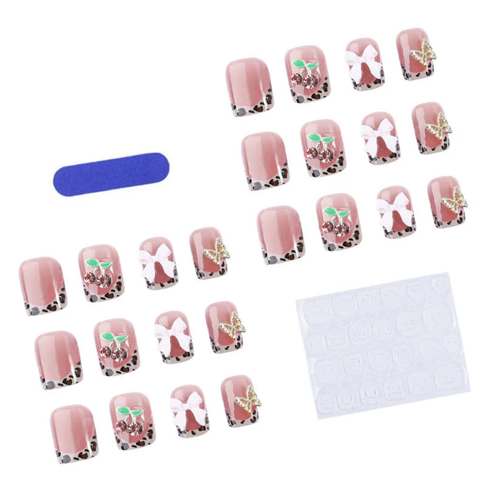 24pcs Short Square Leopard French Press On Nails y2k Nude Pink False Nails With 3D Cherry Crystal/Butterfly/Bow Charms Fake Nail