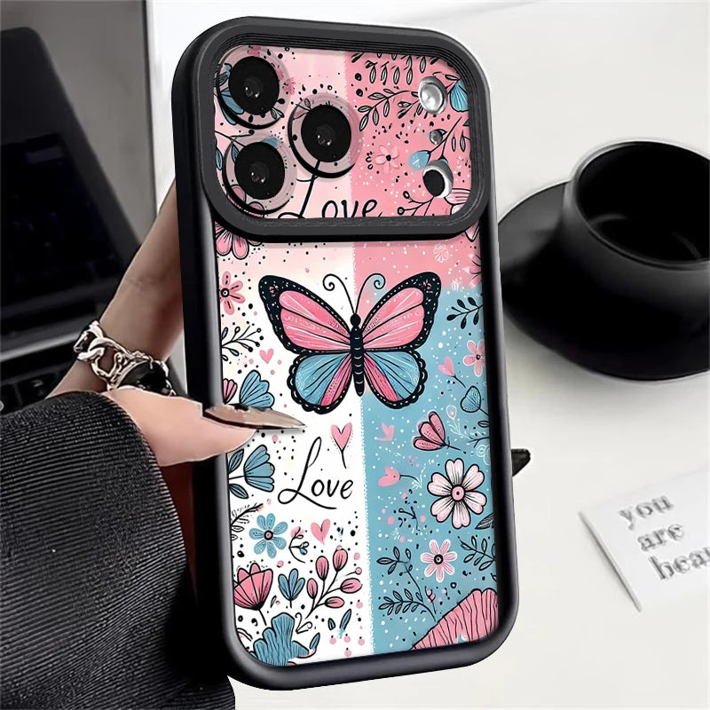 Butterfly Flower Patterned Phone Case For iPhone 17 Pro Air 16e 15 16 Pro Max 14 16 Plus 13 12 Pro Max Shockproof Soft TPU Cover