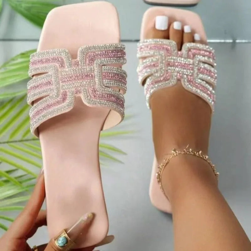 2025 Summer Women Rhinestone Slippers Outdoor Slippers Fashion Non-Slip Beach Shoes Comfortable Square Heel Sandals Slides Women