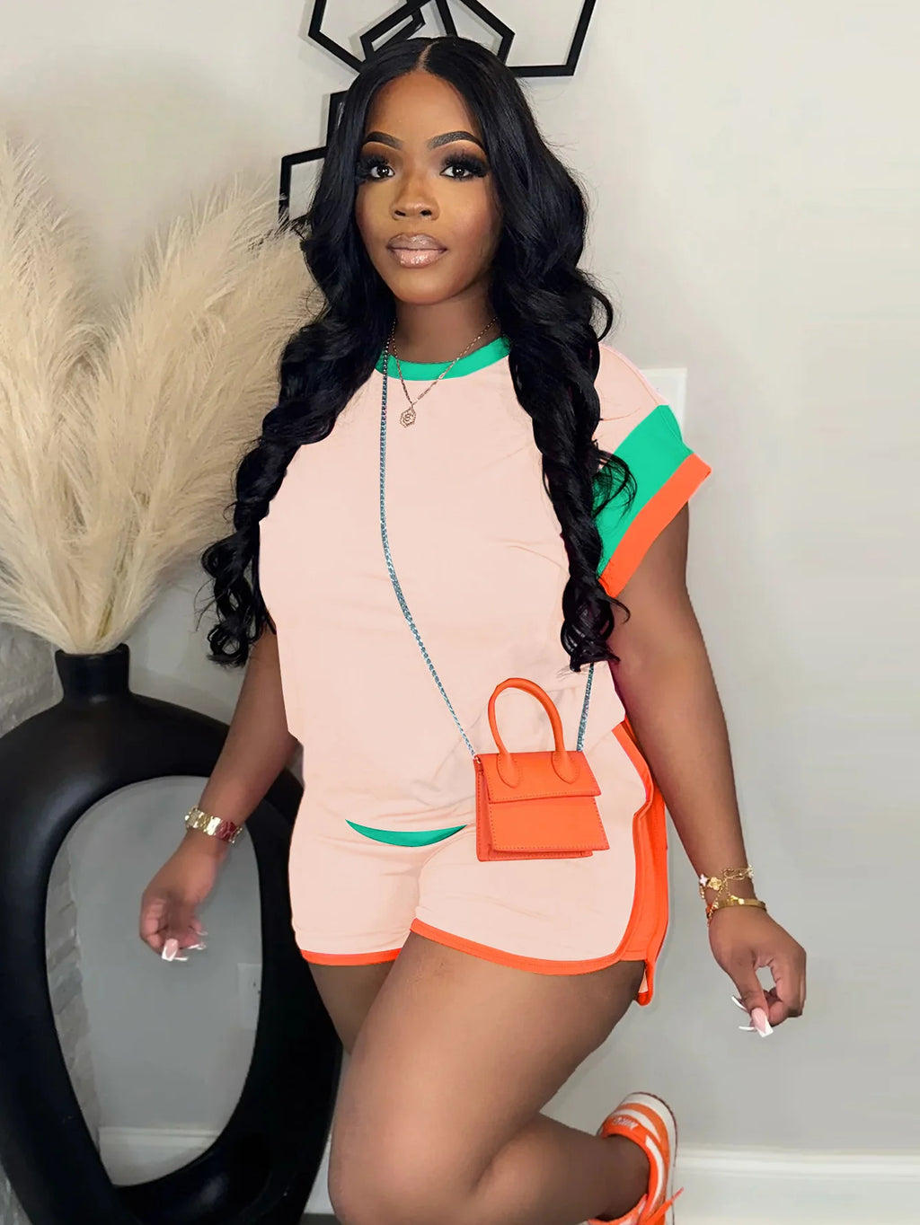 New Patchwork Casual Sporty 2 Piece Sets Women 2025 Summer Trend O-Neck Short Sleeve Tops And Shorts Matching Fitness Tracksuits