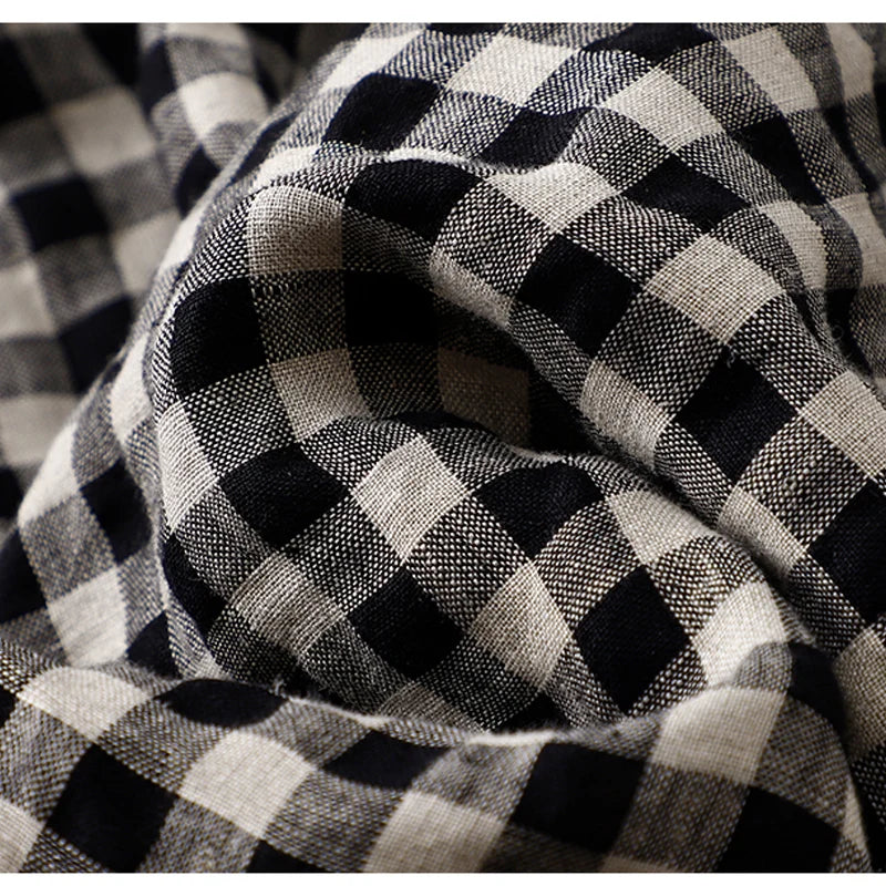 Cotton and linen plaid long-sleeved dress female spring and summer new Korean version of the loose large size temperament casual