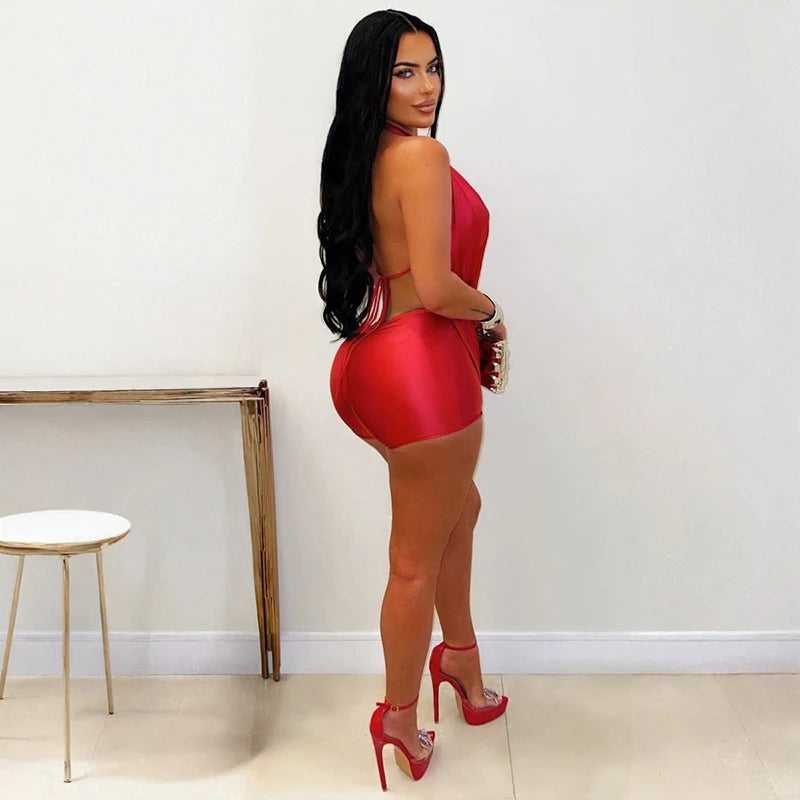 Sexy Deep V-neck Halter Backless Bodycon Rompers Woman Playsuit Sleeveless Ruched Jumpsuit Short Overalls Night Party Outfits