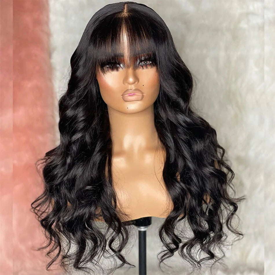 16A Glueless Body Wave Wig With Bangs Black Women's Human Hair Wig Without Glue Fully Machine Made Wig With Bangs Body Wave Wig