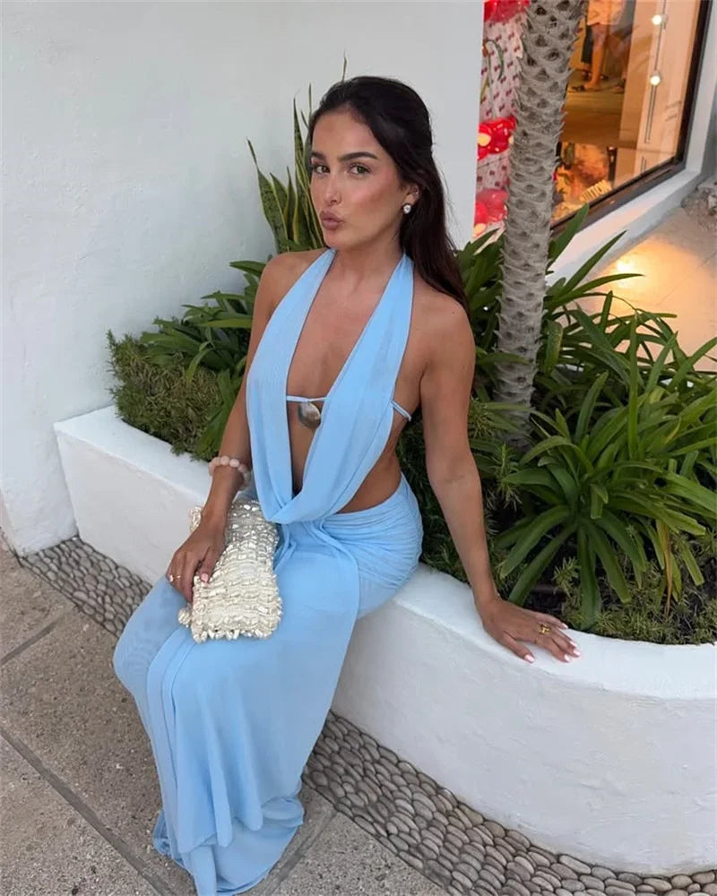 Sexy Dress Set Women Halter Crop Top And Maxi Skirt Matching Sets Female Elegant Beach Club Party Skirt Two Piece Set