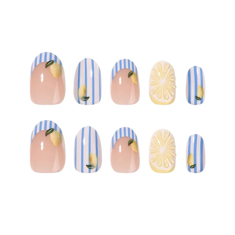 24PCS Sweet Short Round Press on Nails Cute 3D Fruit Blue Stripes Almond False Nails Wearable Lemon Patterns French Ins Manicure