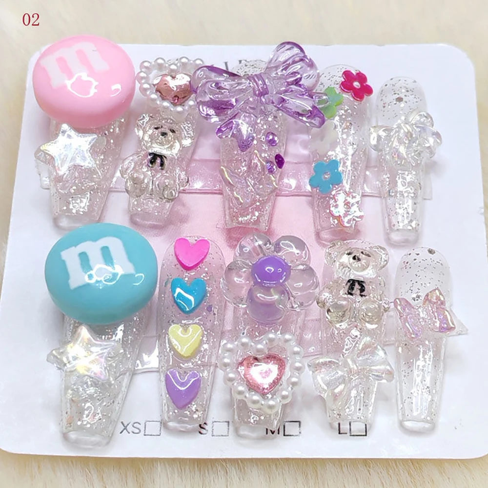 10Pcs Sweet Lovely Handmade Long Coffin Wearable Fake Nail Kawaii Girlish Heart Cartoon Pink Pearl Bow Diamond False Nail Gift
