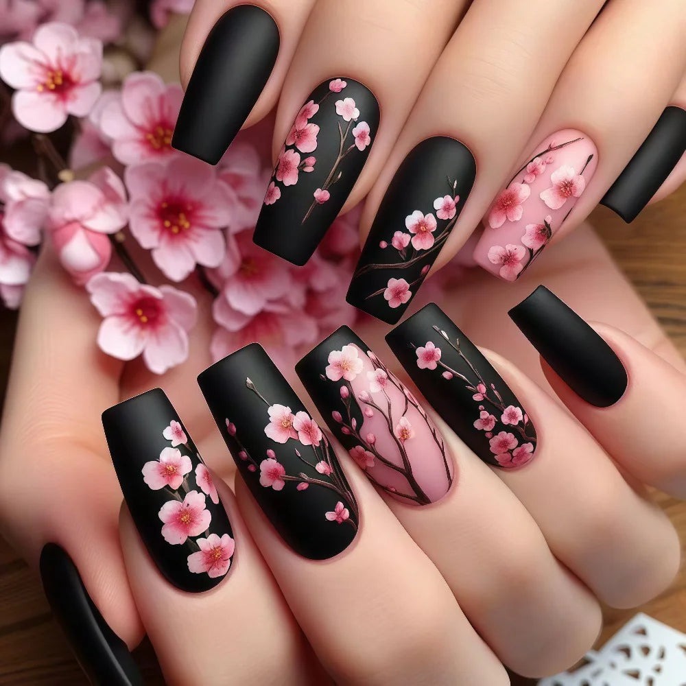 24PCS Dark Luxury Purple Floral Press on Nails with Square European Hand Painted Vintage Cherry Blossoms Artistic False Nails 네일