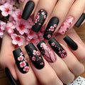 24PCS Dark Luxury Purple Floral Press on Nails with Square European Hand Painted Vintage Cherry Blossoms Artistic False Nails 네일