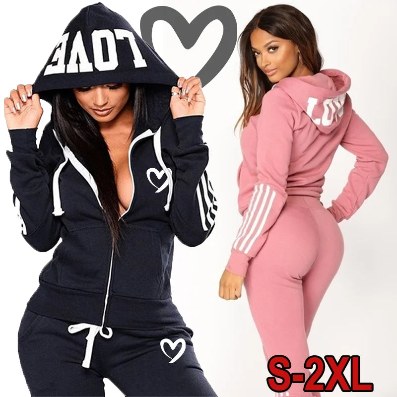 Fashion Women Hooded Jacket Tracksuit Casual Zipper Hoodies and Trousers Sports Wear Two Piece Suits