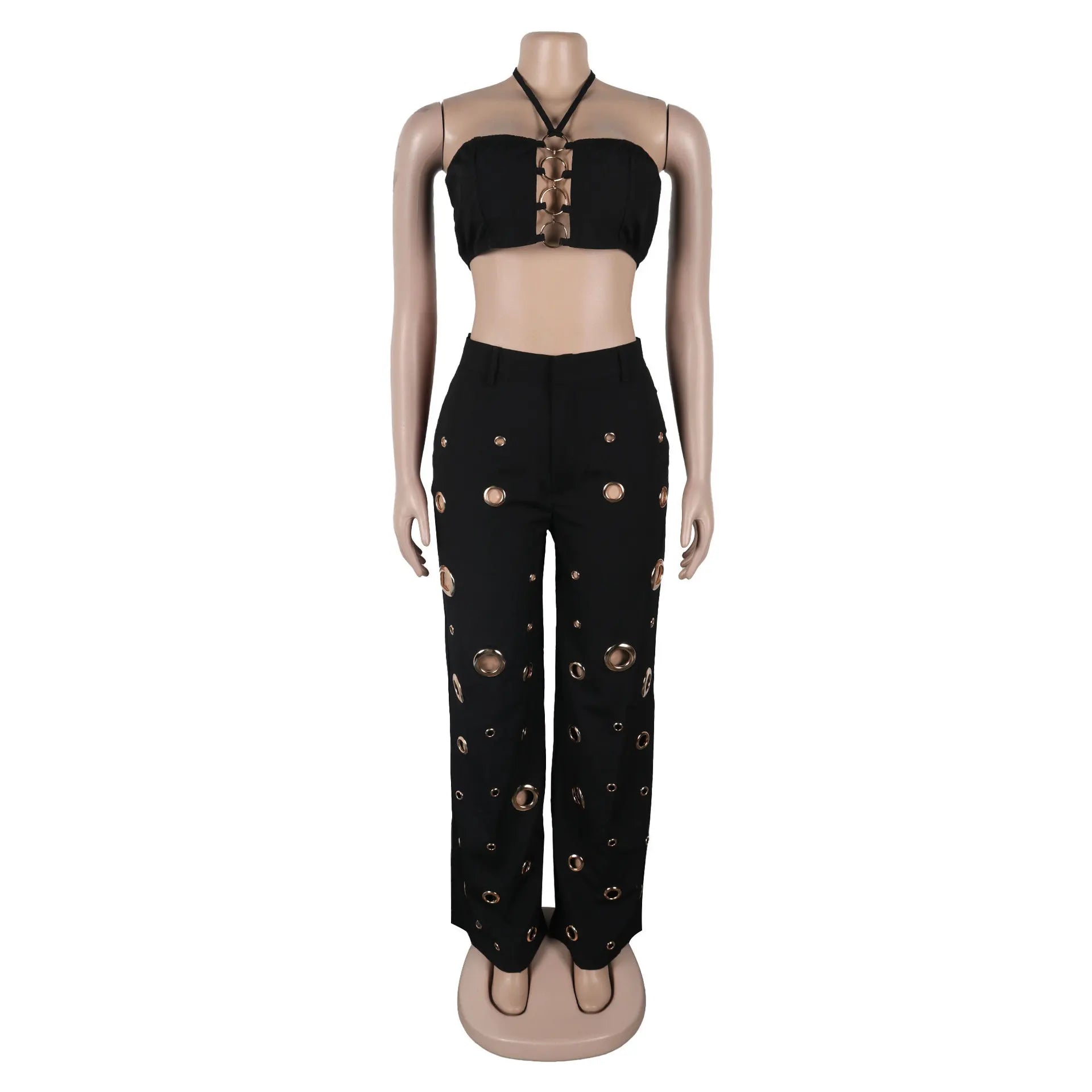 Metal Ring Hollow Out Two Piece Set Women Sexy Strapless Lace Up Halter Backless Crop Tops + Wide Leg Pants Casual Street Suits