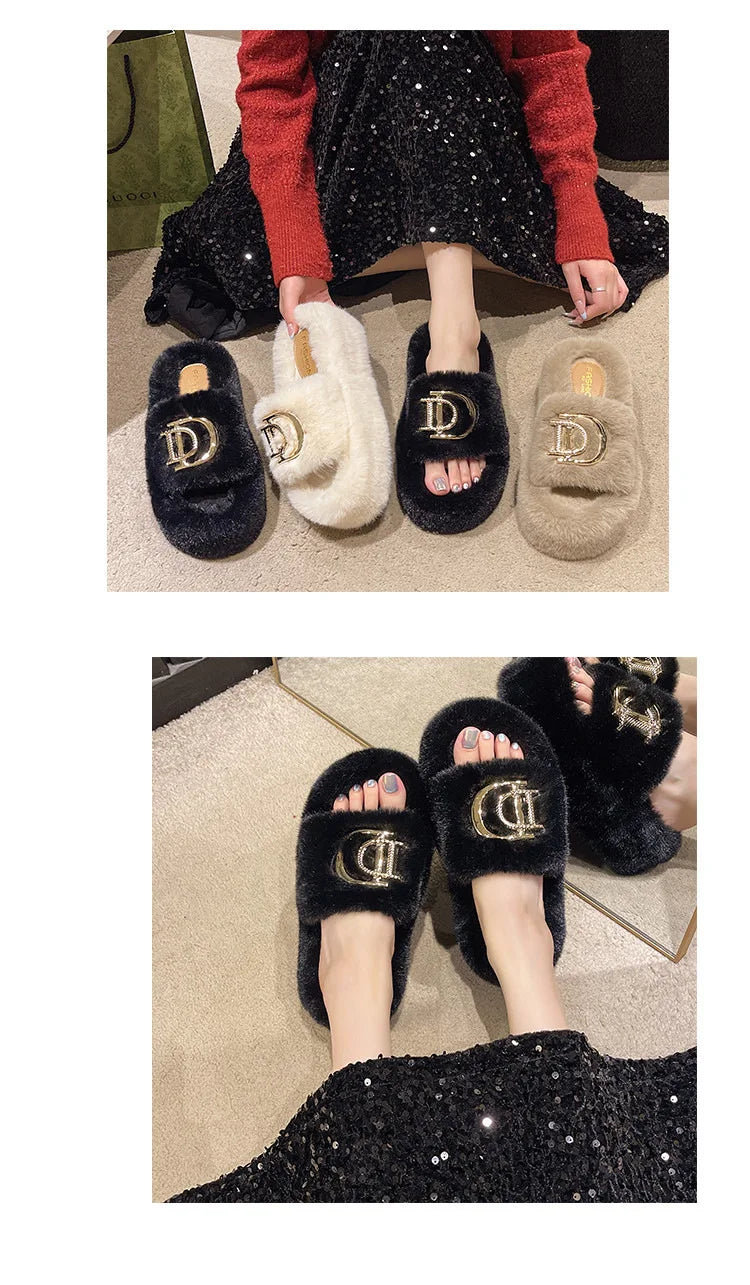 Autumn/Winter 2024 Women's letter metal buckle new fur slippers thick soled outerwear fashionable home new product slippers
