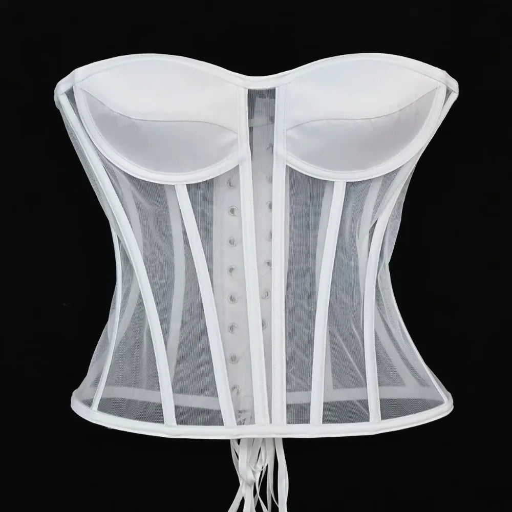 Women Corset Bustier With Bra Transparent Mesh Bodices For Wedding Body Shaper Slimm Waist Lace Up Boned Strapless Tube Tops