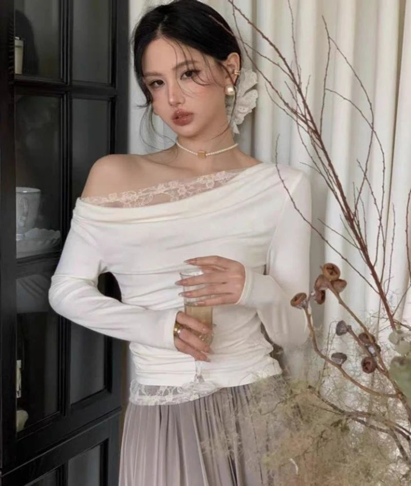 Lace Patchwork Sexy Slash Neck Blouse Slim Solid Long Sleeve Chic Shirt Chic Harajuku Elegant Commuter Office Lady Tops