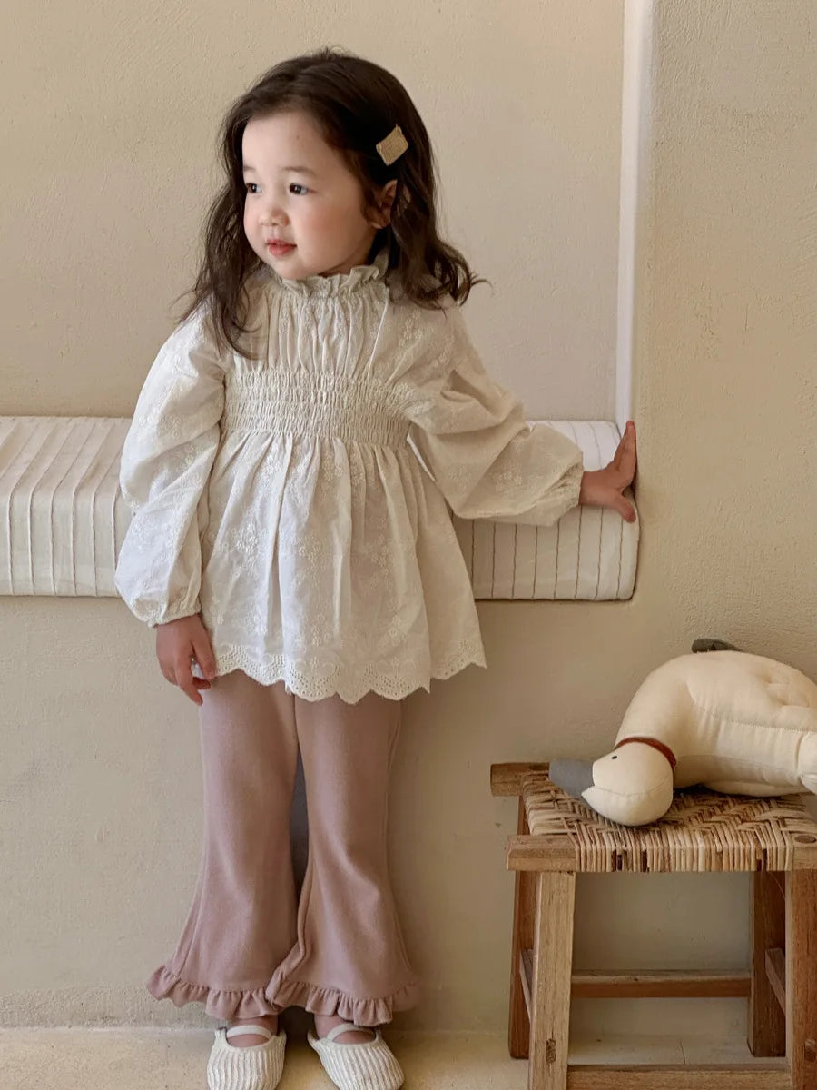 deer jonmi 2026 Spring New Korean Style Toddlers Kids Lace Embroidery Blouses Lantern Sleeve Tops Children Princess Shirts
