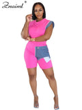 Znaiml O Neck T-Shirts Crop Top and Shorts 2 Piece Sets Denim Patchwork Outfits Women Fashion Streetwear Summer Sports Suits