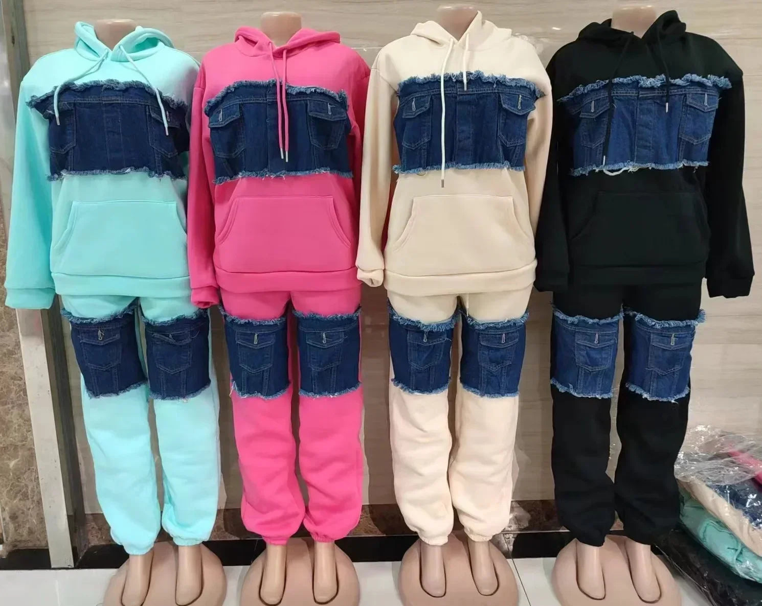 Pants Set Women Two Piece Sets Hooded Matching Sets Sweatshirts Long Pants High Waist Denim Splice Y2k Casual Jogger 2025