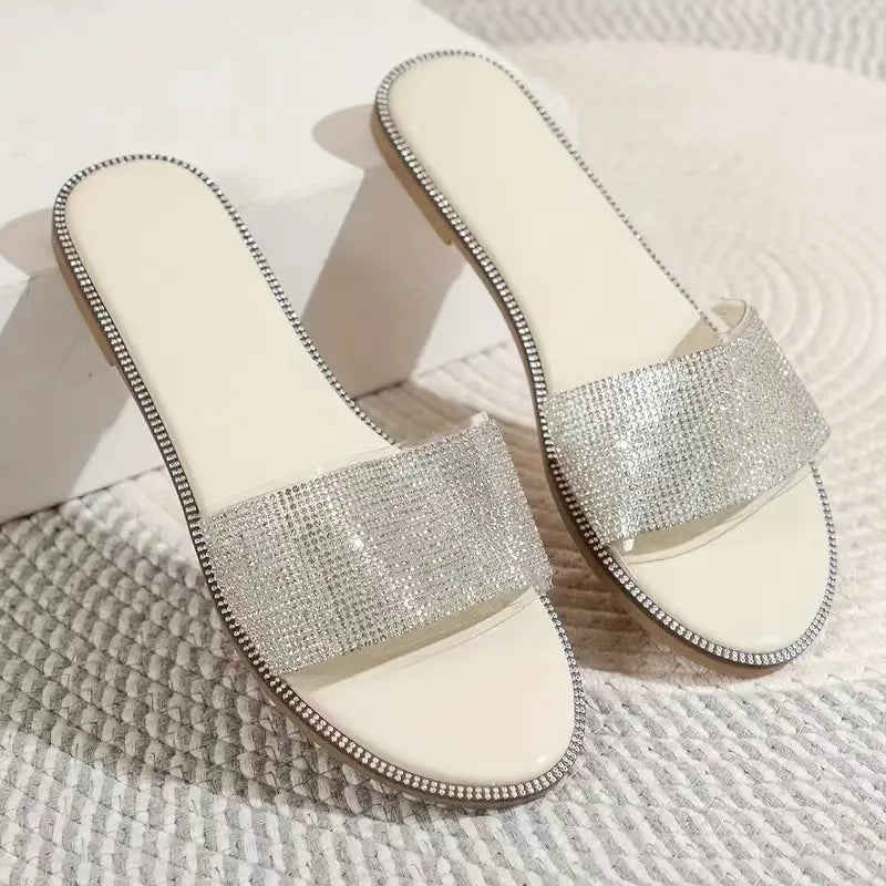 2024 New Shiny Rhinestone Fashion Ladies Slippers Outdoor Women Roman Shoes Flat Sandals Female Casual Beach Crystal Slides