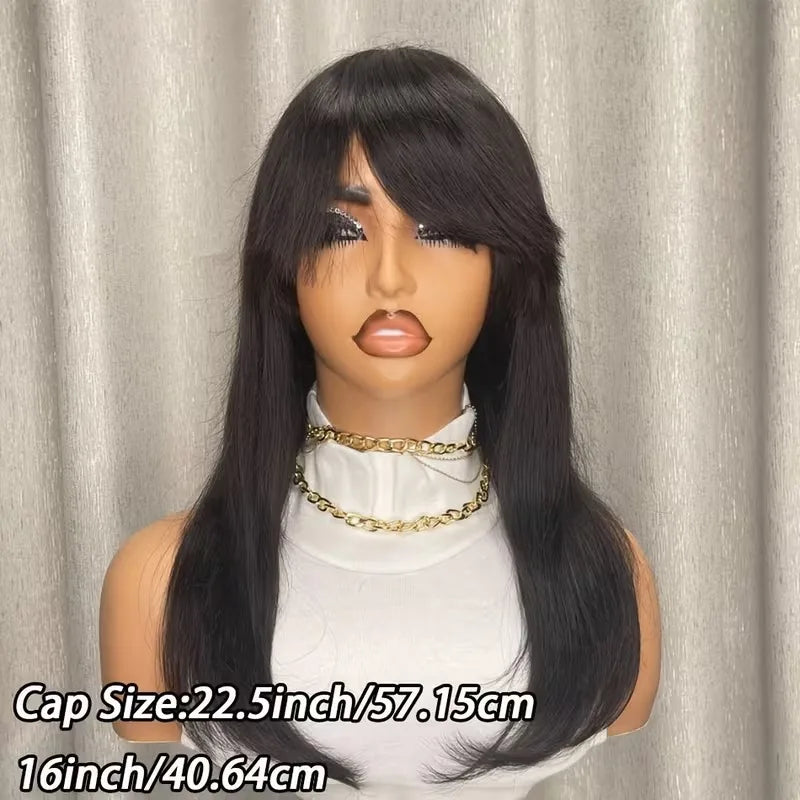 Human Hair Wigs with Bangs 32 Inches Full Machine Made Hair Wig Bone Straight 200 Density Glueless Wig Human Hair Non Lace Wig