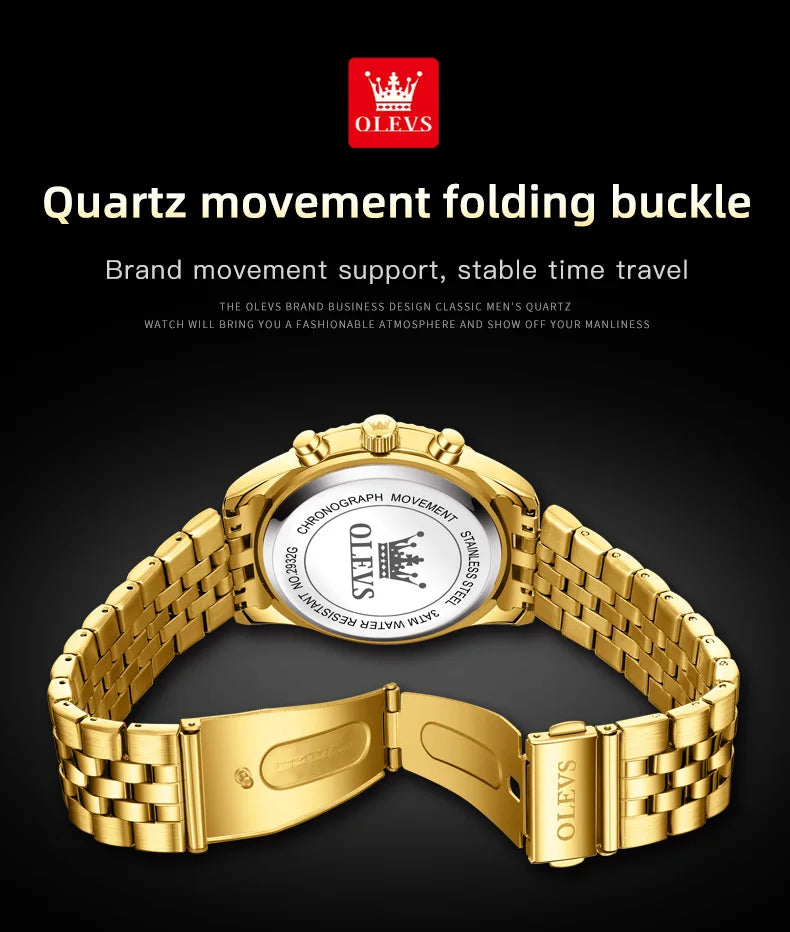 OLEVS Brand Luxury Gold Black Quartz Watch for Men Stainless Steel Waterproof Luminous Date Week Fashion Men Watches Reloj Hombr