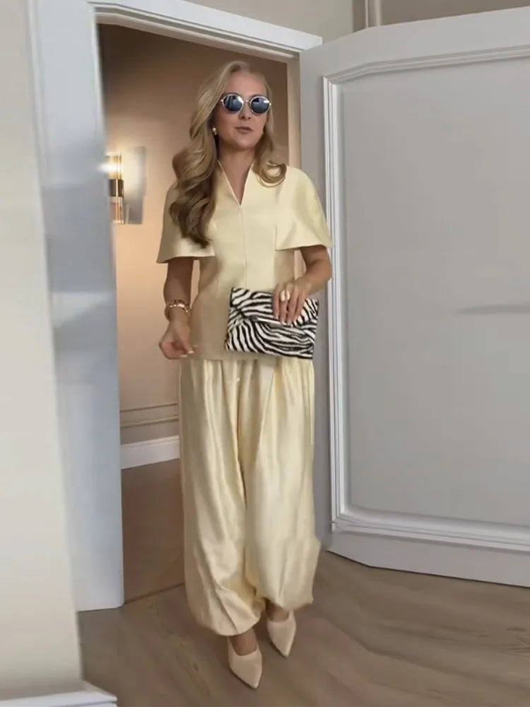 Casual Summer Women's Suit Solid Patchwork Top Long Pants Sets V-neck Short Sleeve Tops Loose Lantern Pant 2026 Lady Chic Suits