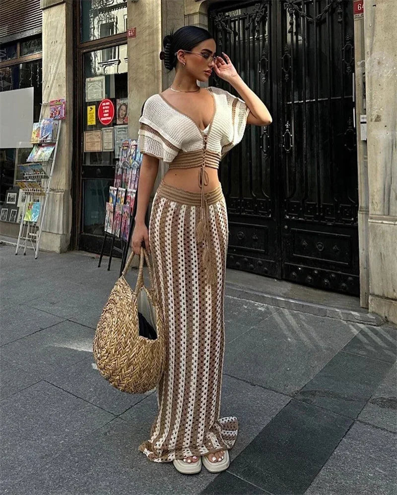 Striped Knitted Two Piece Set Women Outfit Y2K Clothes Clubwear Party Hollow Out V-neck Crop Top and Long Skirt Maxi Dress Sets