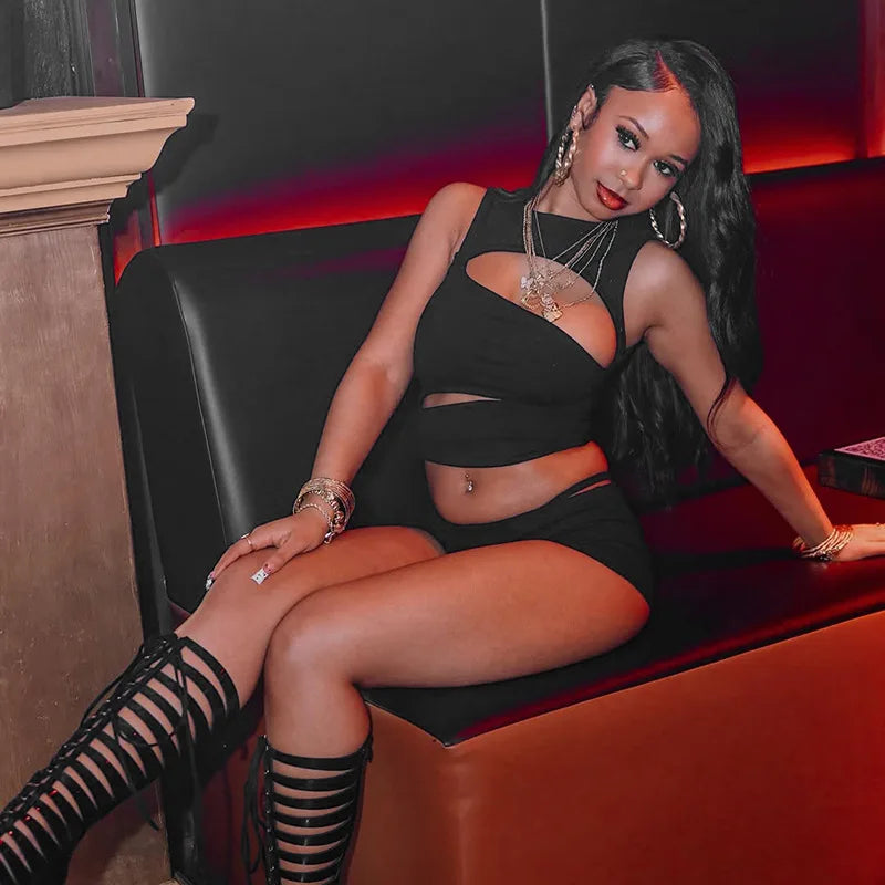 Sexy Hollow Out Clubbing Woman Outfit Sets 2 Piece Rave Festival Clothing Party Knit Top and Shorts Matching Set Conjunto Verano