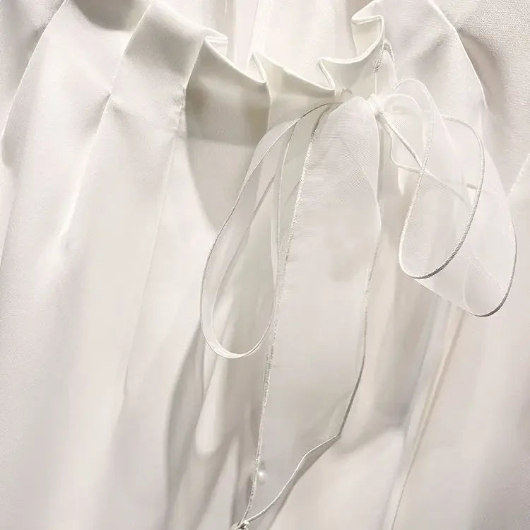 Women Stylish Ruffled Bow Lace Up Chiffon Blouses Office Lady Elegant Chic Commute Shirts Korean O Neck Long Sleeve Loose Tops