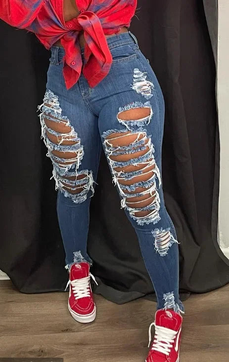 Hole Jeans Women Denim Pencil Pants Streetwear Washed Skinny Stretch High Waist Distressed Ripped Ankle Length Trousers 2025
