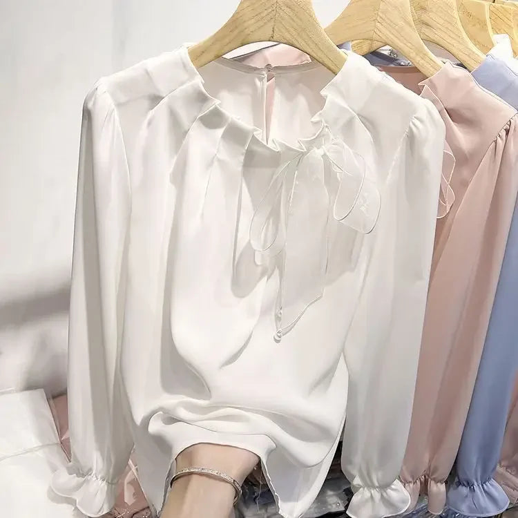 Women Stylish Ruffled Bow Lace Up Chiffon Blouses Office Lady Elegant Chic Commute Shirts Korean O Neck Long Sleeve Loose Tops