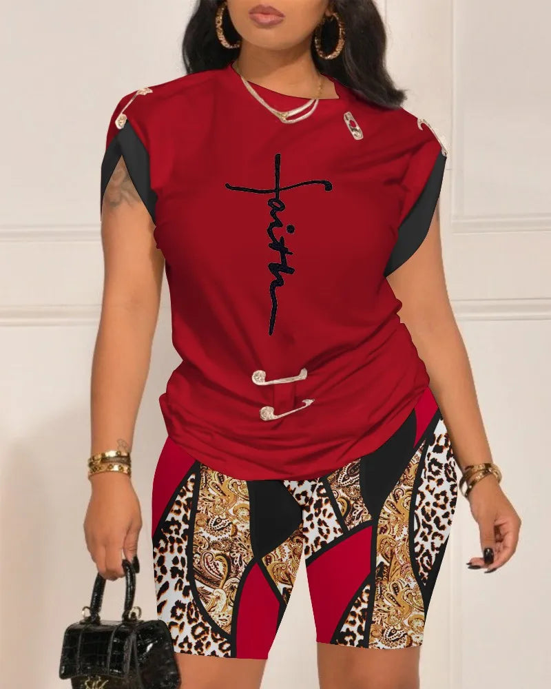 Women Leisure Pin Digital Printing Set O Neck Short Sleeve T-shirt And Shorts 2 Pieces Sets Summer Top + Short Pant 2 PCS Suits