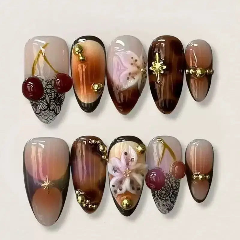 24Pcs Press On Nails Cherry Floral Rhinestone Design French Almond False Nails European Style Full Cover Nail Tips