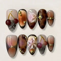 24Pcs Press On Nails Cherry Floral Rhinestone Design French Almond False Nails European Style Full Cover Nail Tips