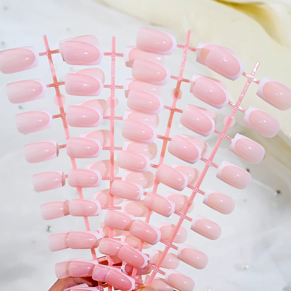 120Pcs Short Square Coffin French Fake Nails Glossy Pink  Full Cover Wearable Press on Nails Wearable Acrylic Fake Nails Tips #