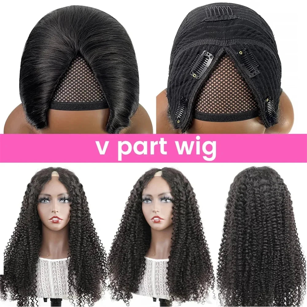 Curly Wigs V Part Human Hair Wigs for Black Women Water Wave Wigs Glueless V Shape Wigs Beginner Friendly In Natural Color