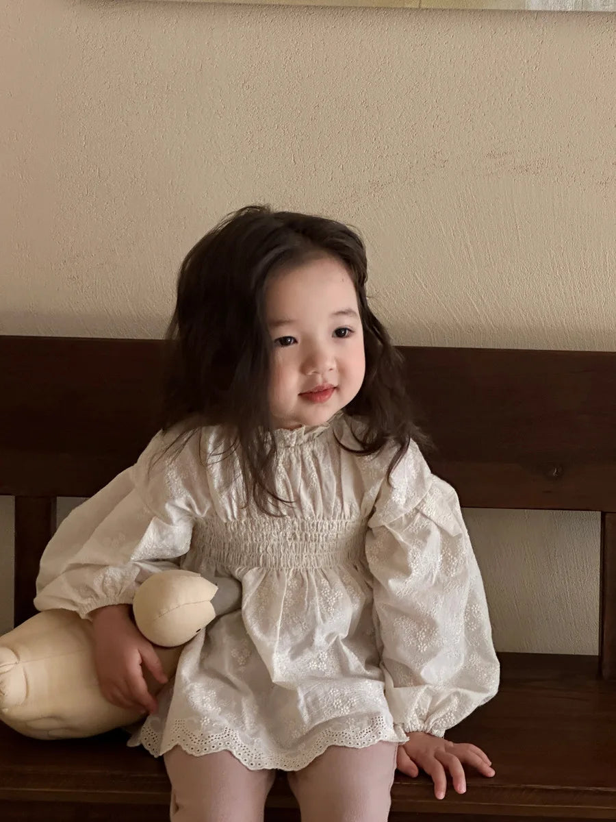 deer jonmi 2026 Spring New Korean Style Toddlers Kids Lace Embroidery Blouses Lantern Sleeve Tops Children Princess Shirts