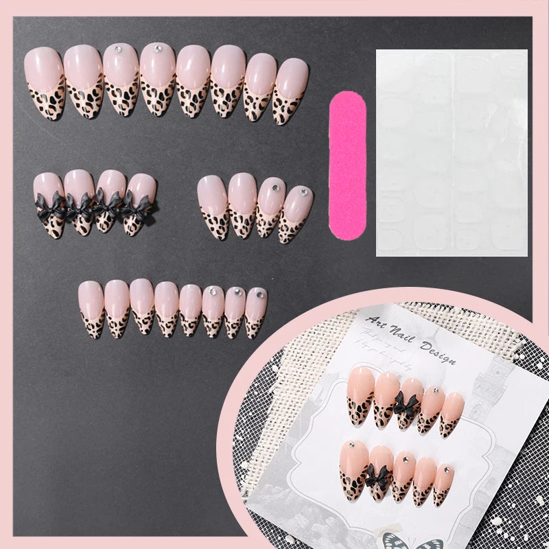 24pcs Wearable Brown Fake Nails Fashion Leopard Print 3D bowknot Design Press on Nails Tips French False Nail Set woman almond