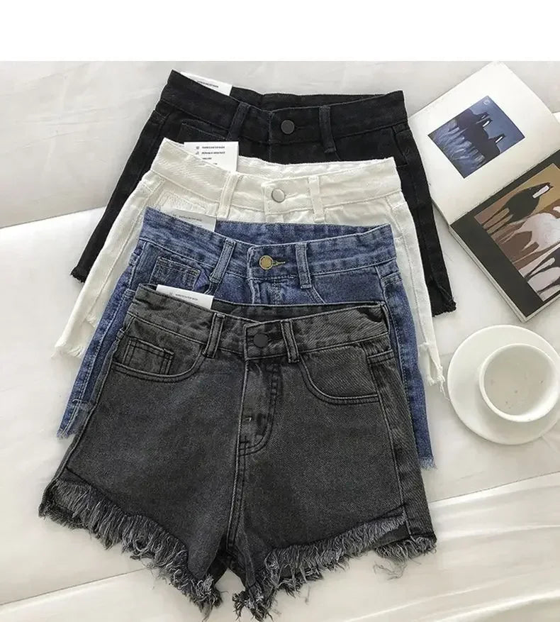 2026 New Summer Women High Wiast Raw Hem Denim Shorts Soild White Black Blue Korean Wide Leg Pants Mon Shorts  Jean Shorts