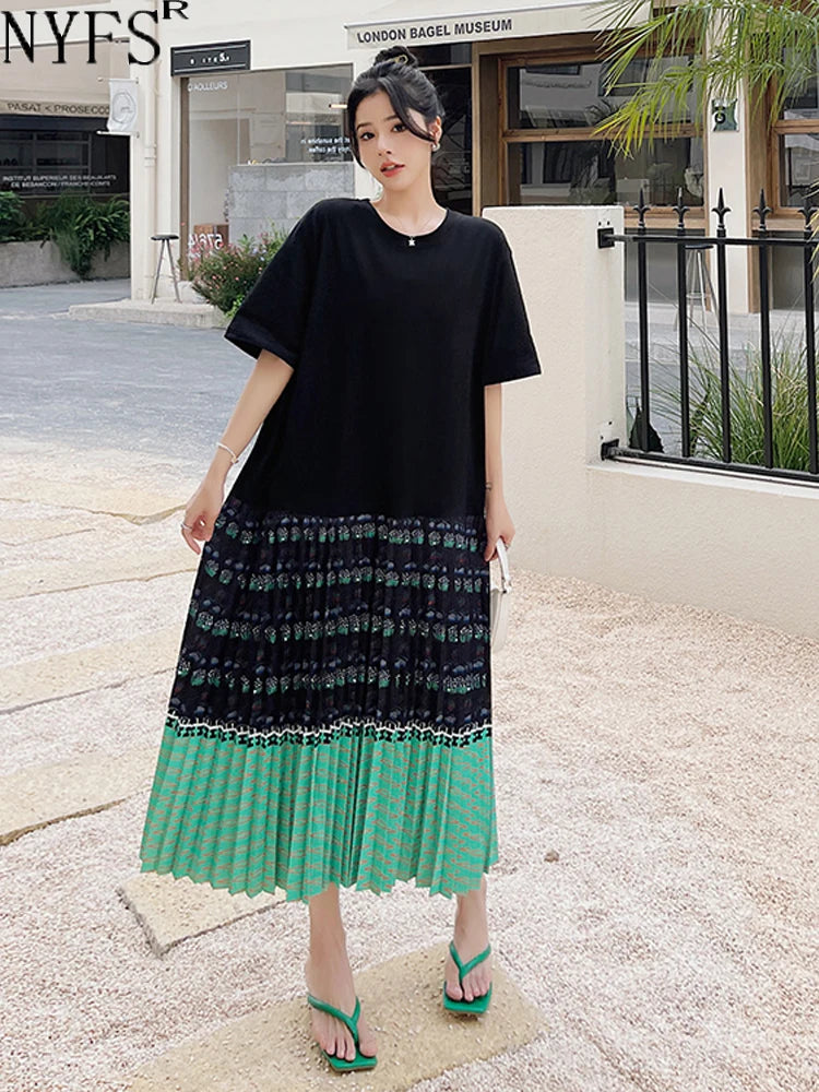 NYFS 2026 Summer New Korean Woman Dress Vestidos Robe Elbise Loose Plus Size Short Sleeve Patchwork Two Fake Pieces Long Dresses