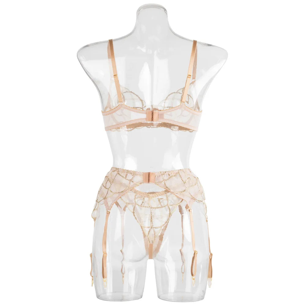 Diccvicc Elegant Lace Lingerie See Through Embroidery Floral Women Underwear 3 Pieces Bra Garter Set Sexy Outfit Intimate Kits