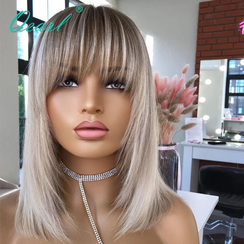 New in Short Bob Straight Human Hair Wig with Bangs Ombre Ash Blonde Brazilian Lace Front Wigs Fringe for Women Glueless Qearl