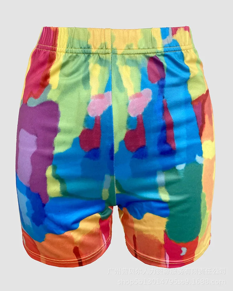 Women Two Piece Short Sets Print Slim Fit Tops Pencil Pants Casual Spliced Round Neck Top Shorts Suit Sporty Summer 2025