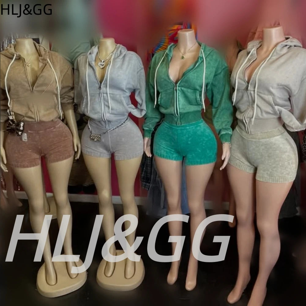 HLJ&GG High Quality Washed Casual Zip Hooded Two Piece Sets Women Long Sleeve Top+Biker Shorts Outfits Fashion Sporty Streetwear